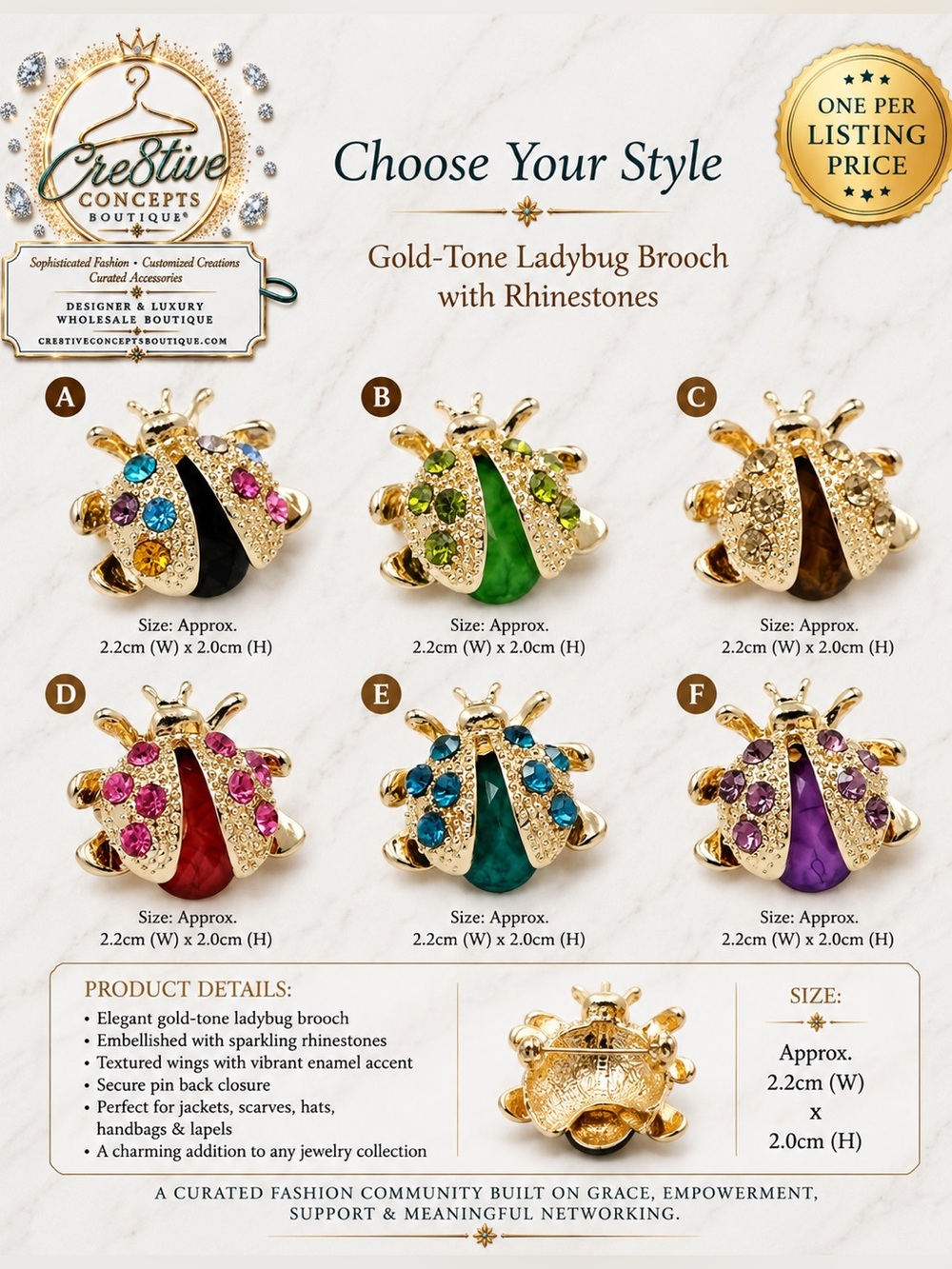 Gold-Tone Ladybug Rhinestone Brooch – Pick One - Picture 5 of 9
